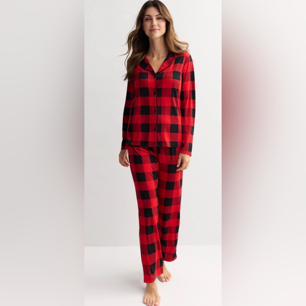 Wondershop Women’s Buffalo Plaid Black And Red Pajama Set Cozy Holiday Sleepwear - Picture 1 of 5